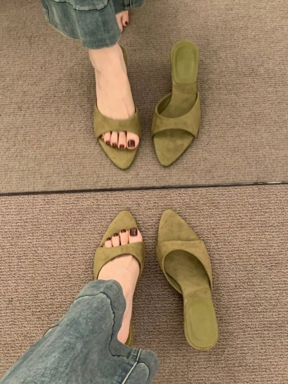 Dark Green Casual Women's Pointed Toe Wedge Slide Sandals - Picture 8 of 11